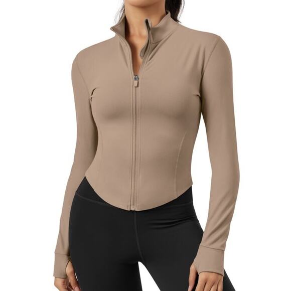 GYM RAINBOW Workout Full Zip Long Sleeve Slim Fit Running Jacket XL Light Brown - Picture 2 of 10